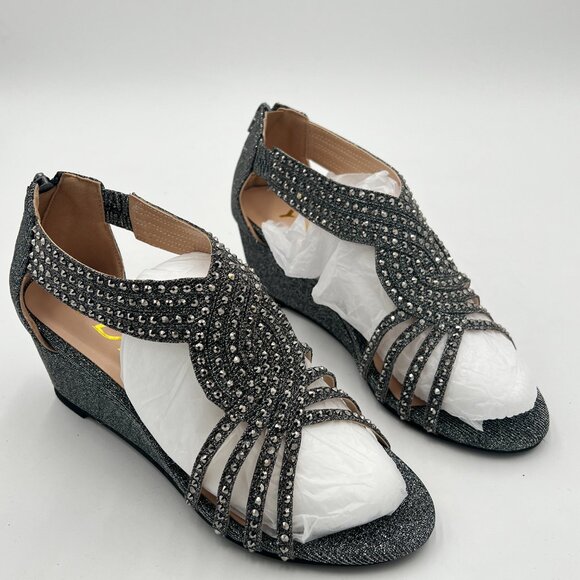 YDN Grey Wedge Glitter Sandals Open Toe Rhinestones Cross Over Straps Mid Heel - Picture 4 of 6